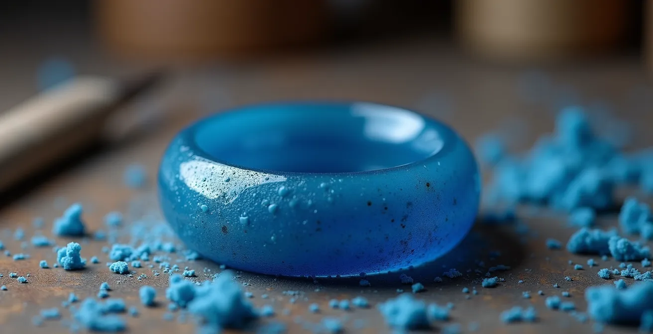 Prototype de bague en cire bleue posé sur établi d'atelier avec outils de sculpture