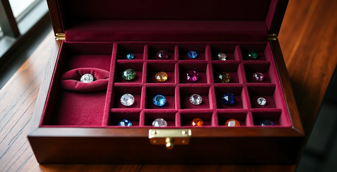 Boîte à bijoux compartimentée avec pierres précieuses organisées selon leur dureté
