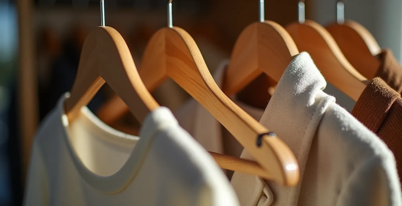 Placard organisé avec cintres uniformes en bois créant une ambiance boutique de luxe