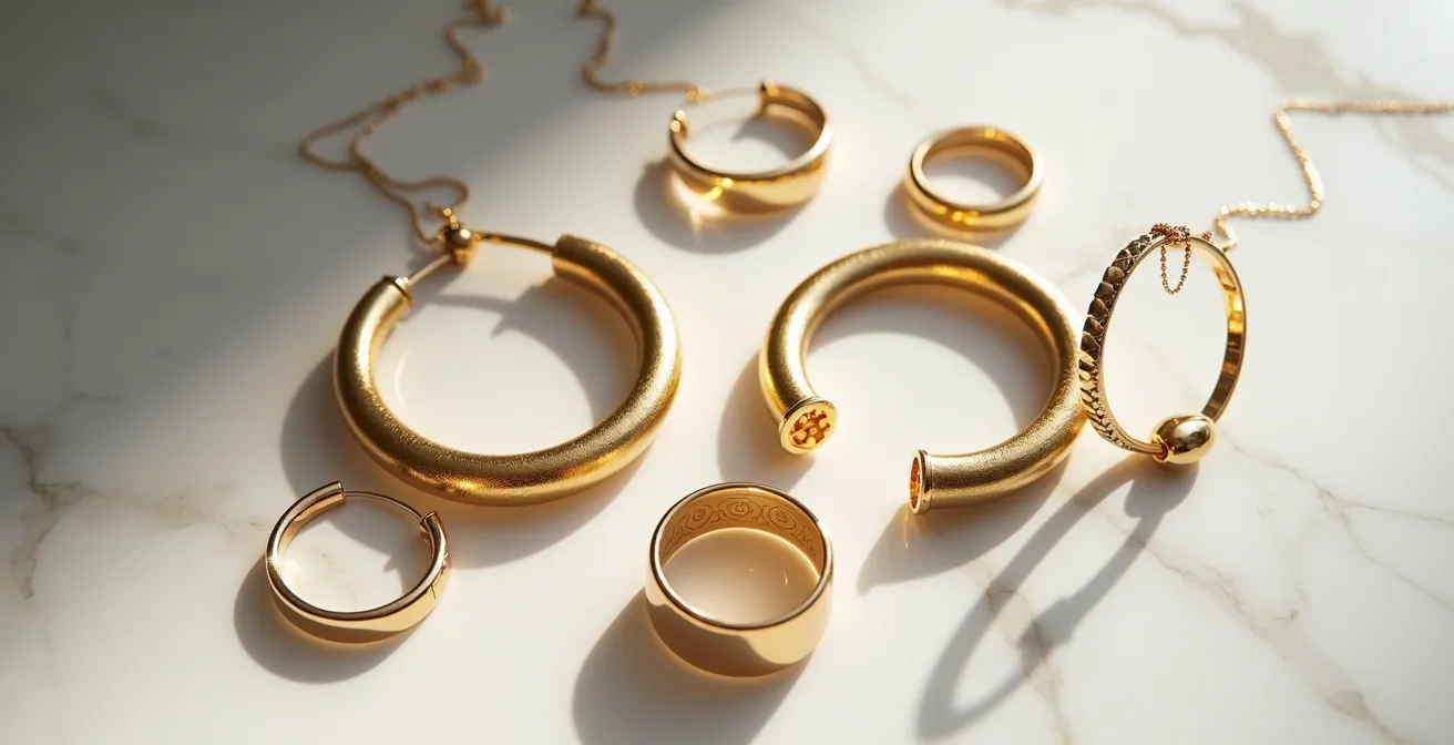 Composition de bijoux dépareillés coordonnés en or avec créoles et bagues fines