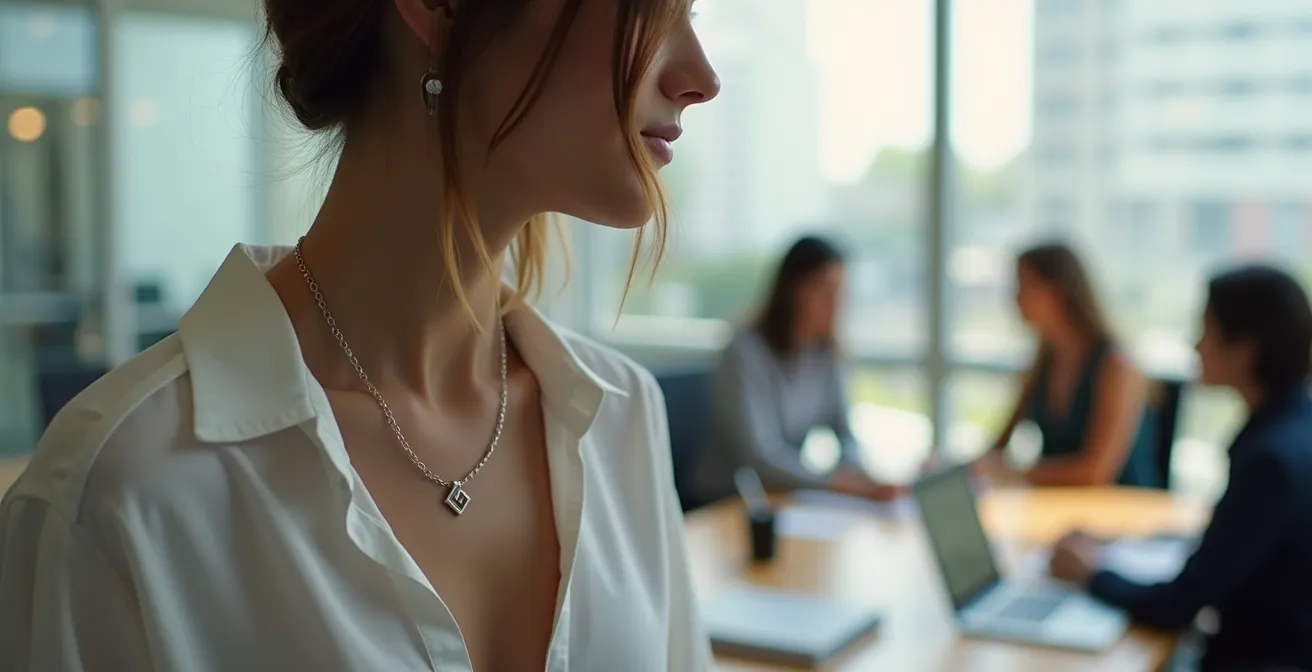 Pendentifs subtils portés de manière élégante dans un contexte professionnel