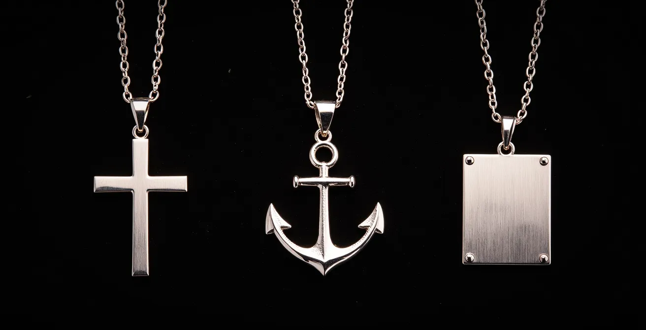 Trois pendentifs symboliques disposés sur velours noir : croix, ancre marine et plaque gravée