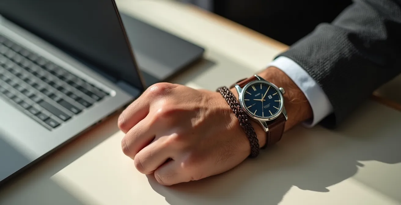 Poignet masculin montrant la disposition correcte d'un bracelet cuir avec une montre