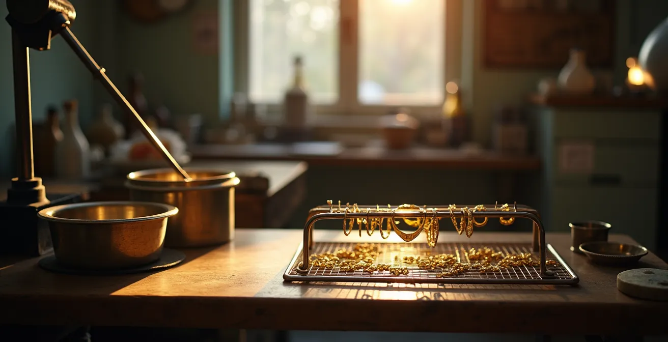 Processus de redorure d'un bijou dans un atelier d'artisan bijoutier