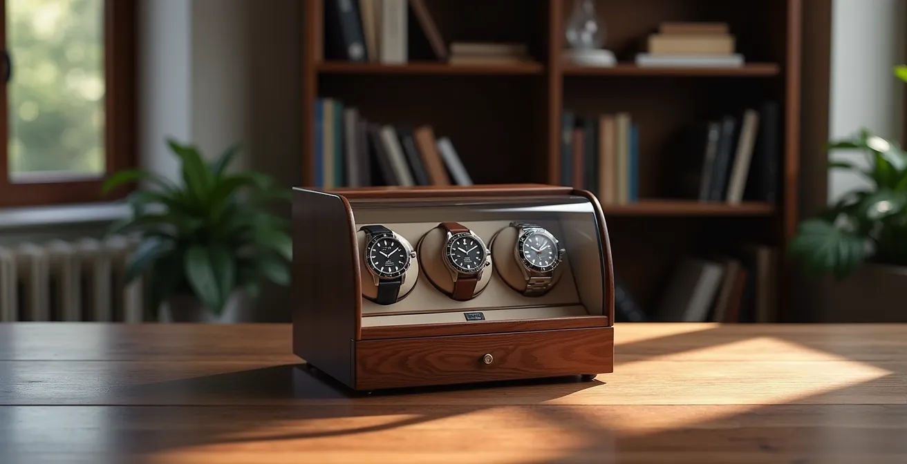 Remontoir automatique en bois noble avec montres de luxe en rotation