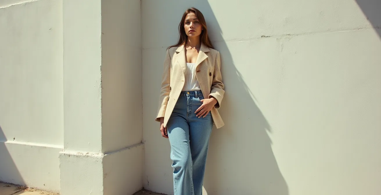 Femme de petite taille portant des vêtements oversize avec équilibre des proportions