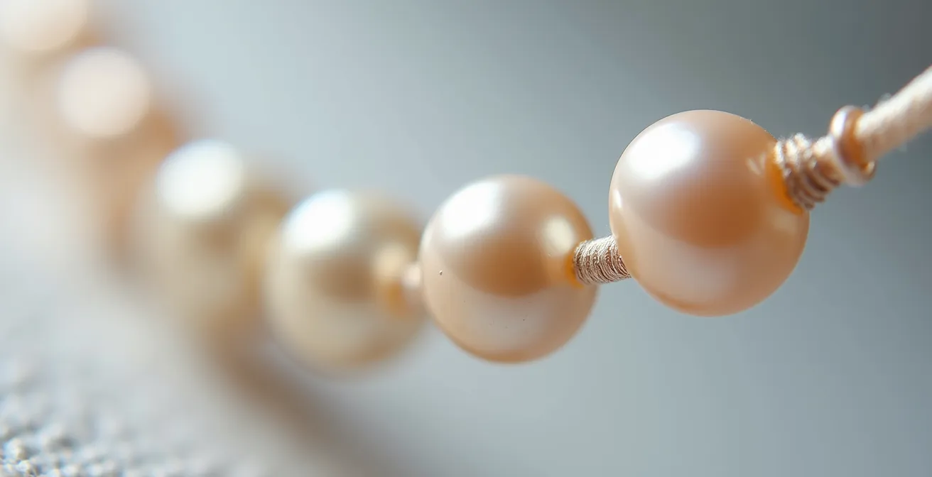 Vue macro de la technique de nouage entre perles sur un fil de soie