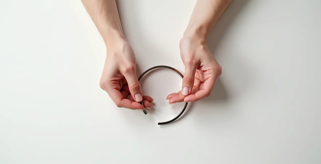 Démonstration en gros plan de la technique de cisaillement pour ouvrir correctement un jonc ajustable sans le déformer