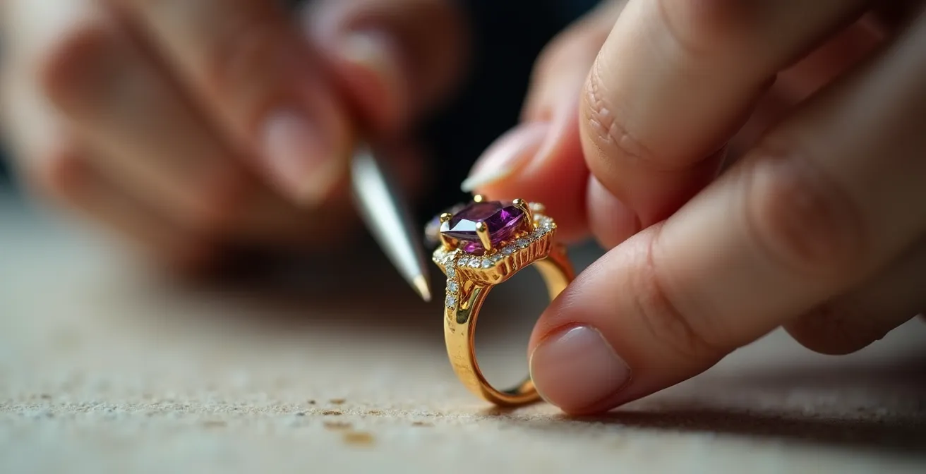 Gros plan macro sur une main appliquant délicatement de la cire orthodontique sur une pierre desserrée dans une bague