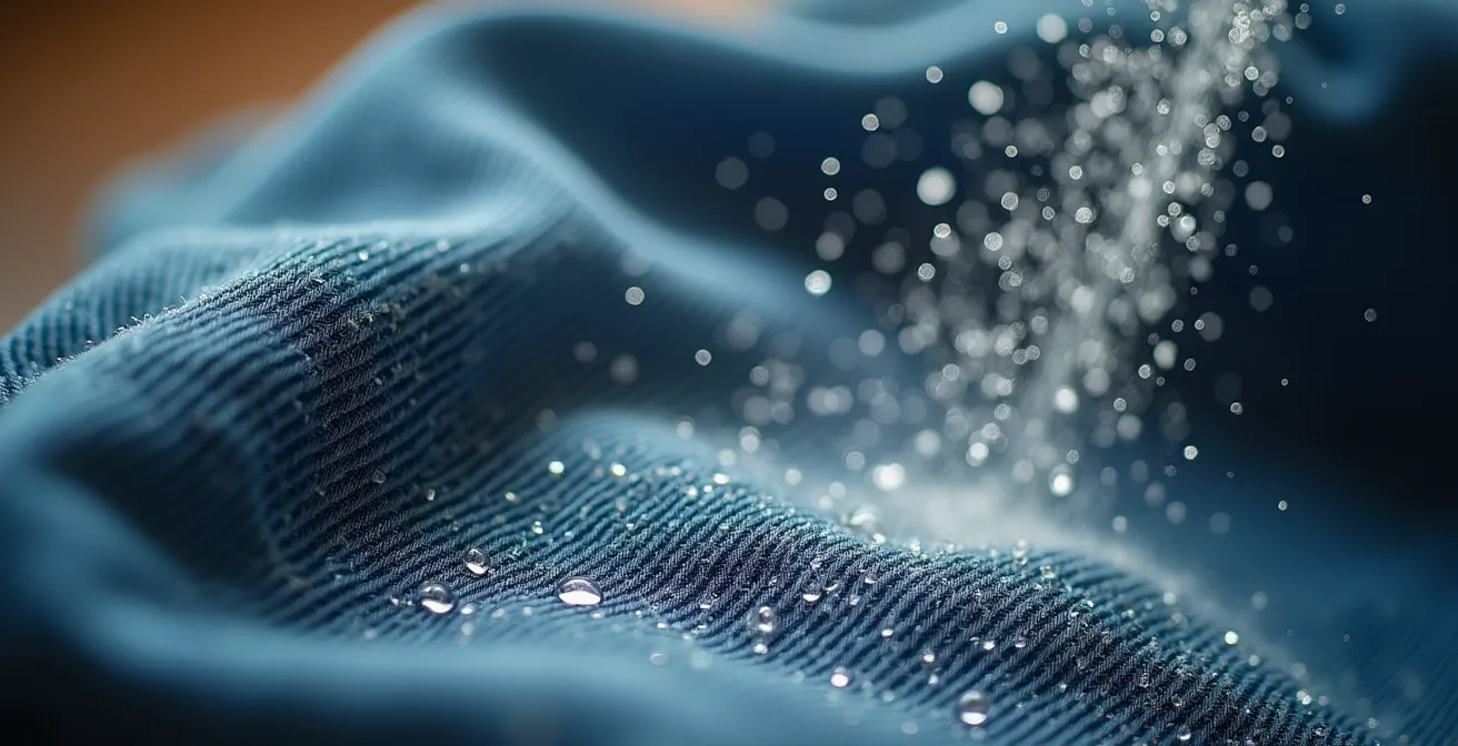 Gros plan sur des mains vaporisant une solution transparente sur un tissu vintage