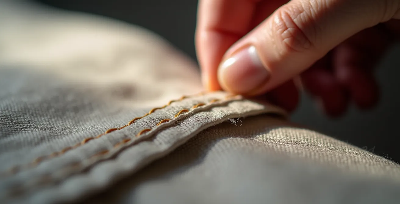 Vue macro détaillée d'une couture de vêtement sous inspection
