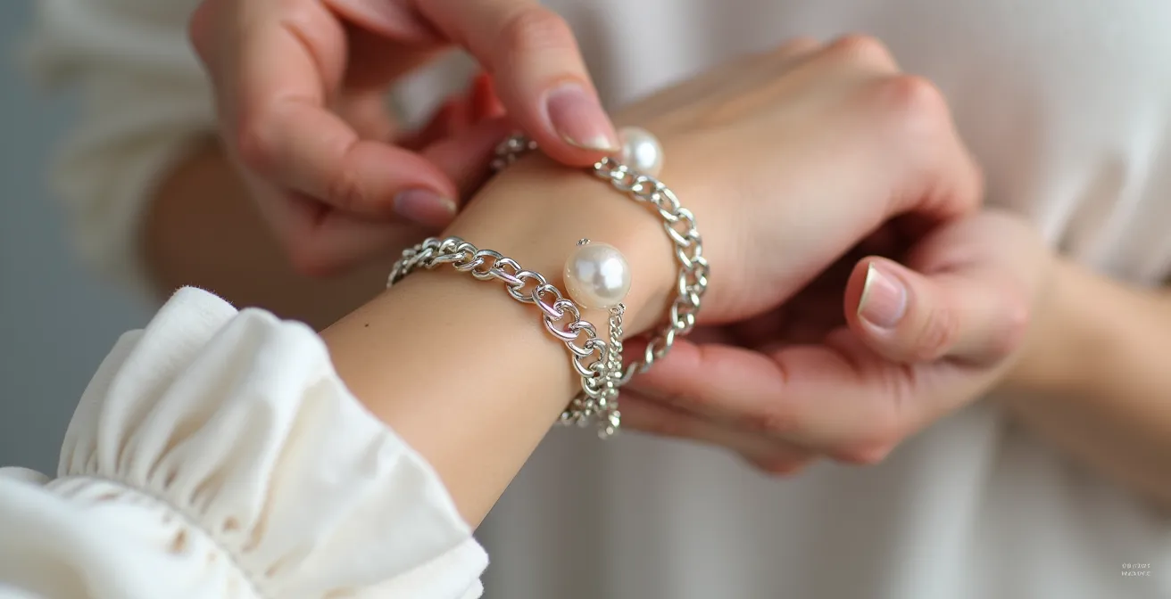 Mains féminines transformant un sautoir en bracelet manchette