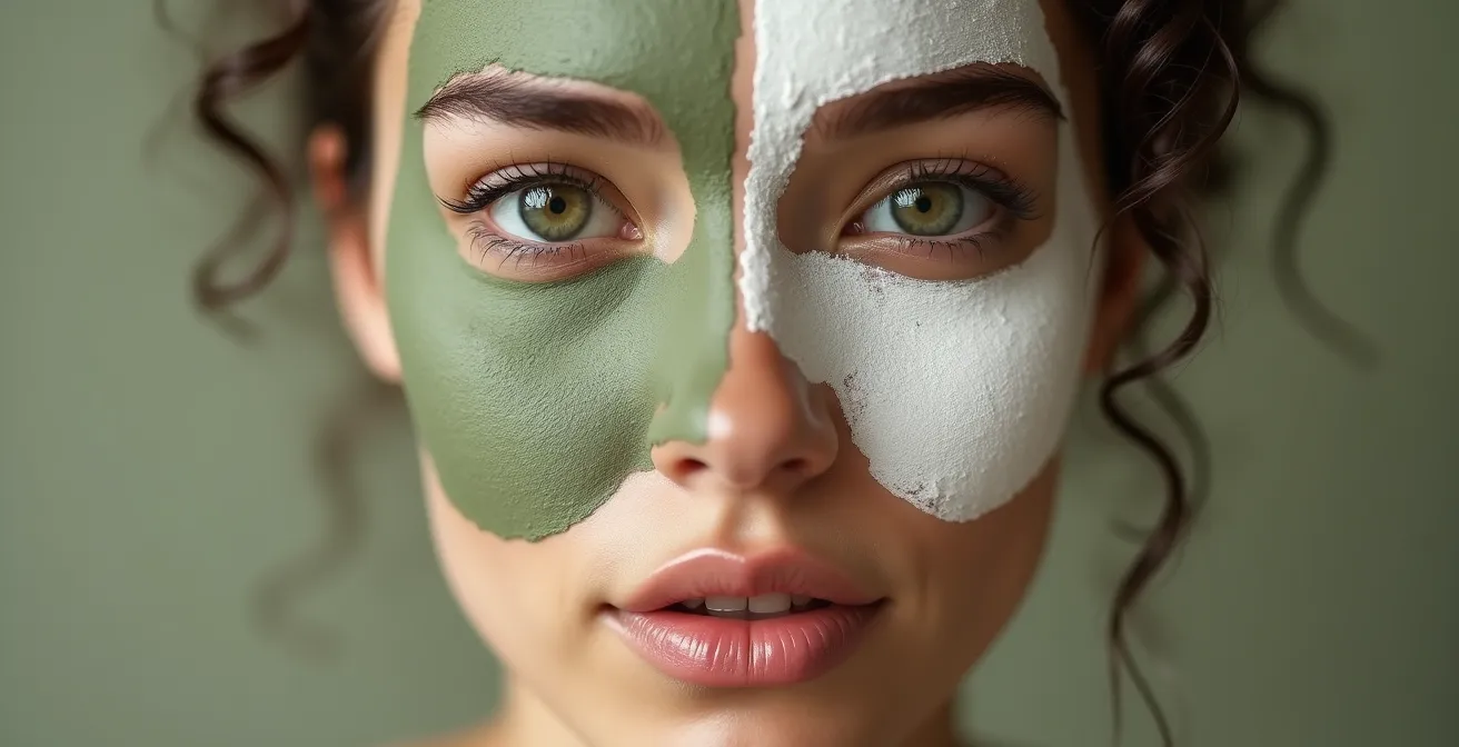 Gros plan sur un visage féminin montrant différentes zones avec des textures d'argile variées