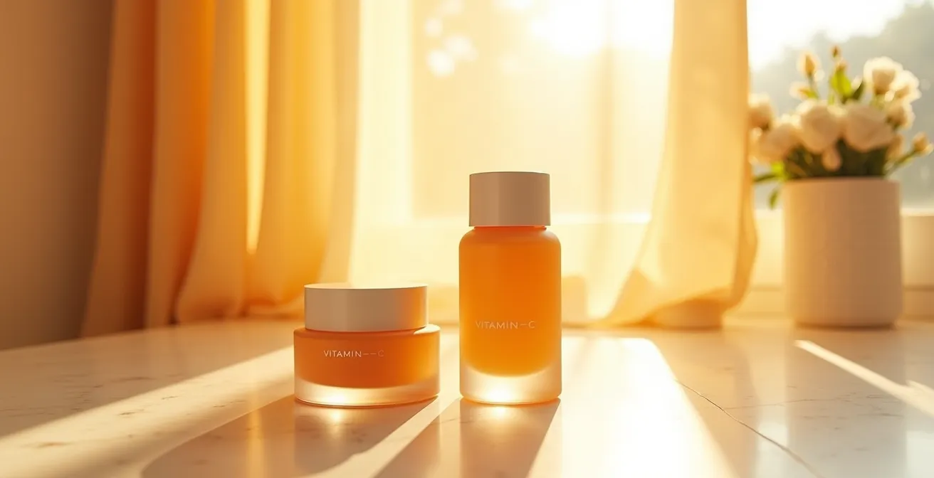 Flacon de sérum à la vitamine C posé près d'une crème solaire avec rayons dorés du matin