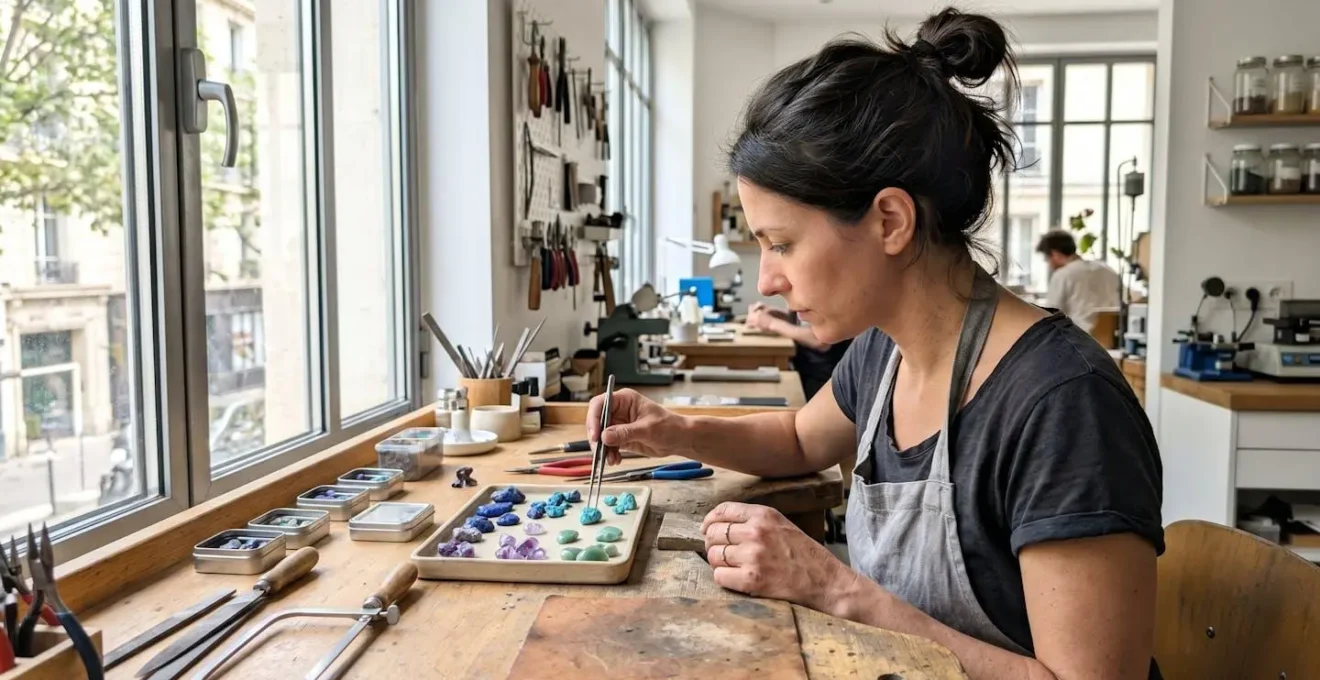 Artisan bijoutier vu de profil en train de sélectionner des pierres fines sur son établi avec une pince brucelles, dans un atelier contemporain baigné de lumière naturelle