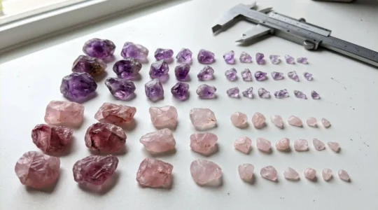 Gros plan sur des améthystes et des quartz roses triés par taille, alignés sur une surface blanche épurée avec un pied à coulisse visible en arrière-plan flouté