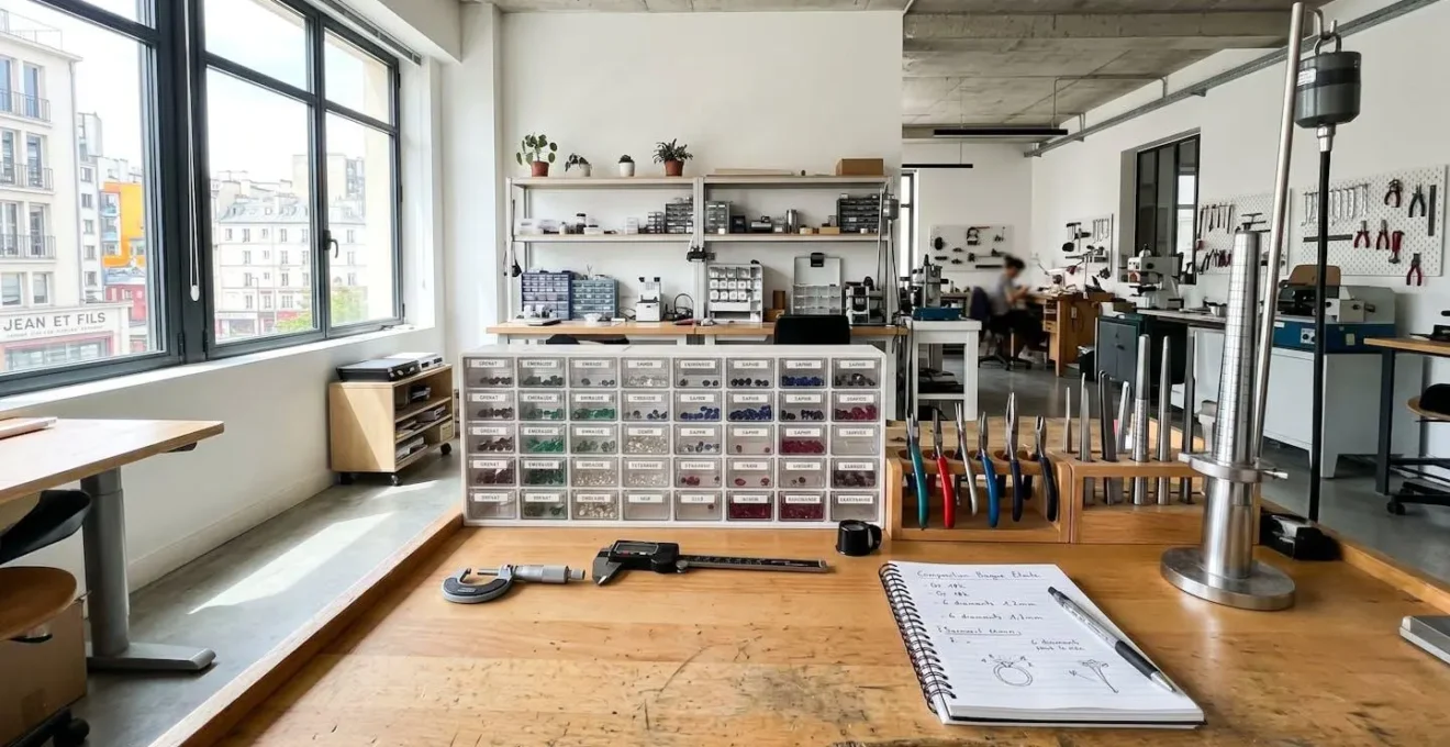 Table de travail d'atelier de bijouterie contemporain avec pierres fines triées dans des compartiments transparents, outils de mesure et cahier de notes sous lumière naturelle